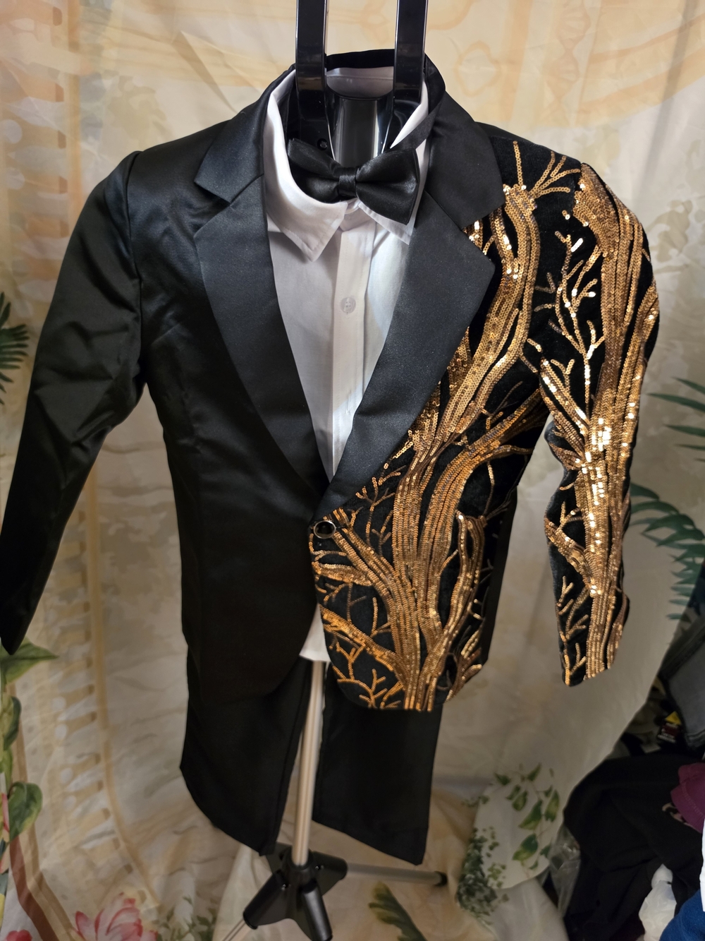 Kids Black Tuxedo Jacket with Gold Sequin Accent